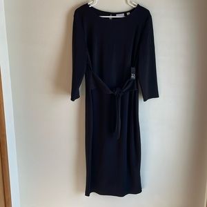 Classy classic - sophisticated tea-length black dress w/kick pleat & 3/4 sleeve